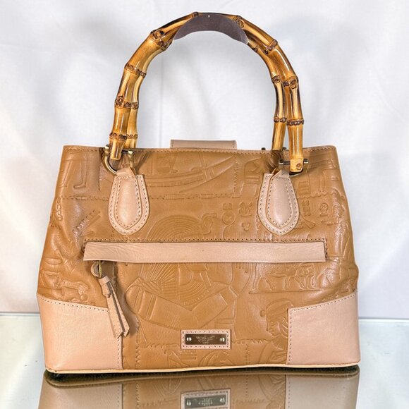 Sharif Legacy Hieroglyphic Egyptian Leather Satchel with Bamboo Handles - New - Picture 10 of 16